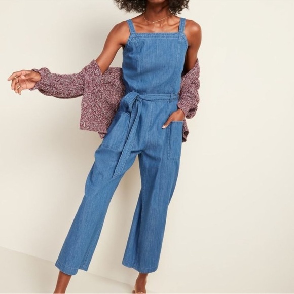 Old Navy Sleeveless Tie-Belt Utility Jean Jumpsuit Size Large Missing Belt - Picture 1 of 14